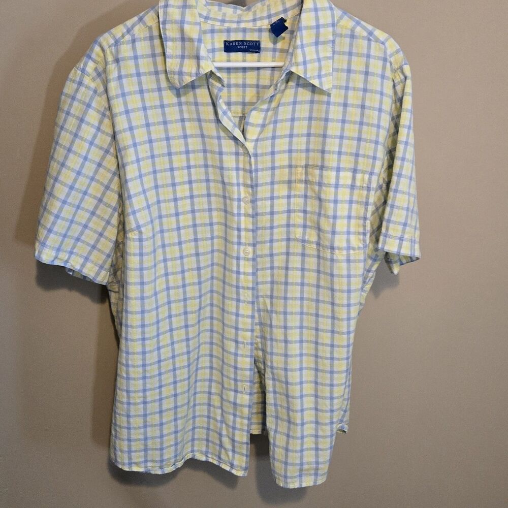 Karen Scott Sport Women Button Down Shirt Yellow Blue Plaid 3X Short Sleeve